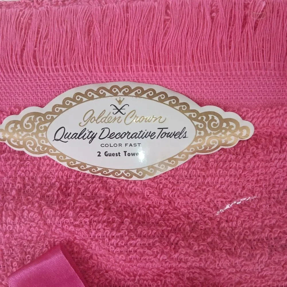 Vintage Box of Two Golden Crown Decorative Guest Towels Pinks White Green NIB